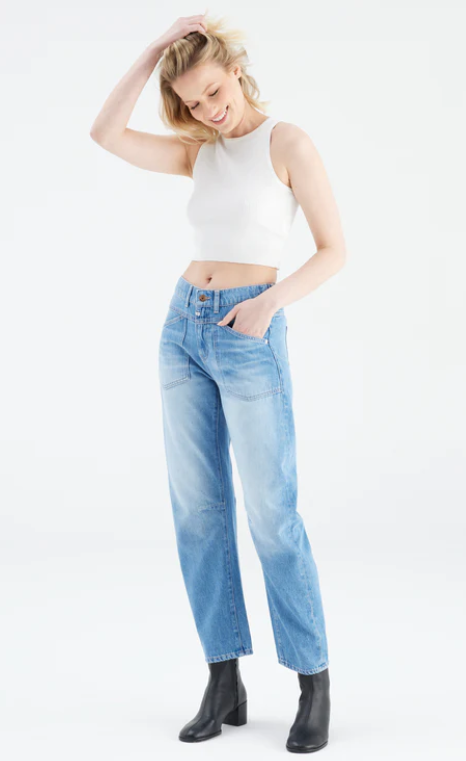 Selena Mid Waist Ankle Length Drop Crotch Patch Pocket Jeans (Selena)
