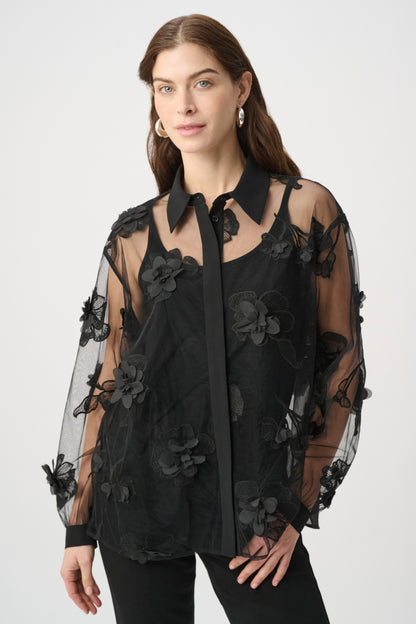 Sheer Textured Flower Appliqué Blouse (264945)