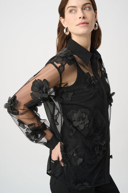 Sheer Textured Flower Appliqué Blouse (264945)