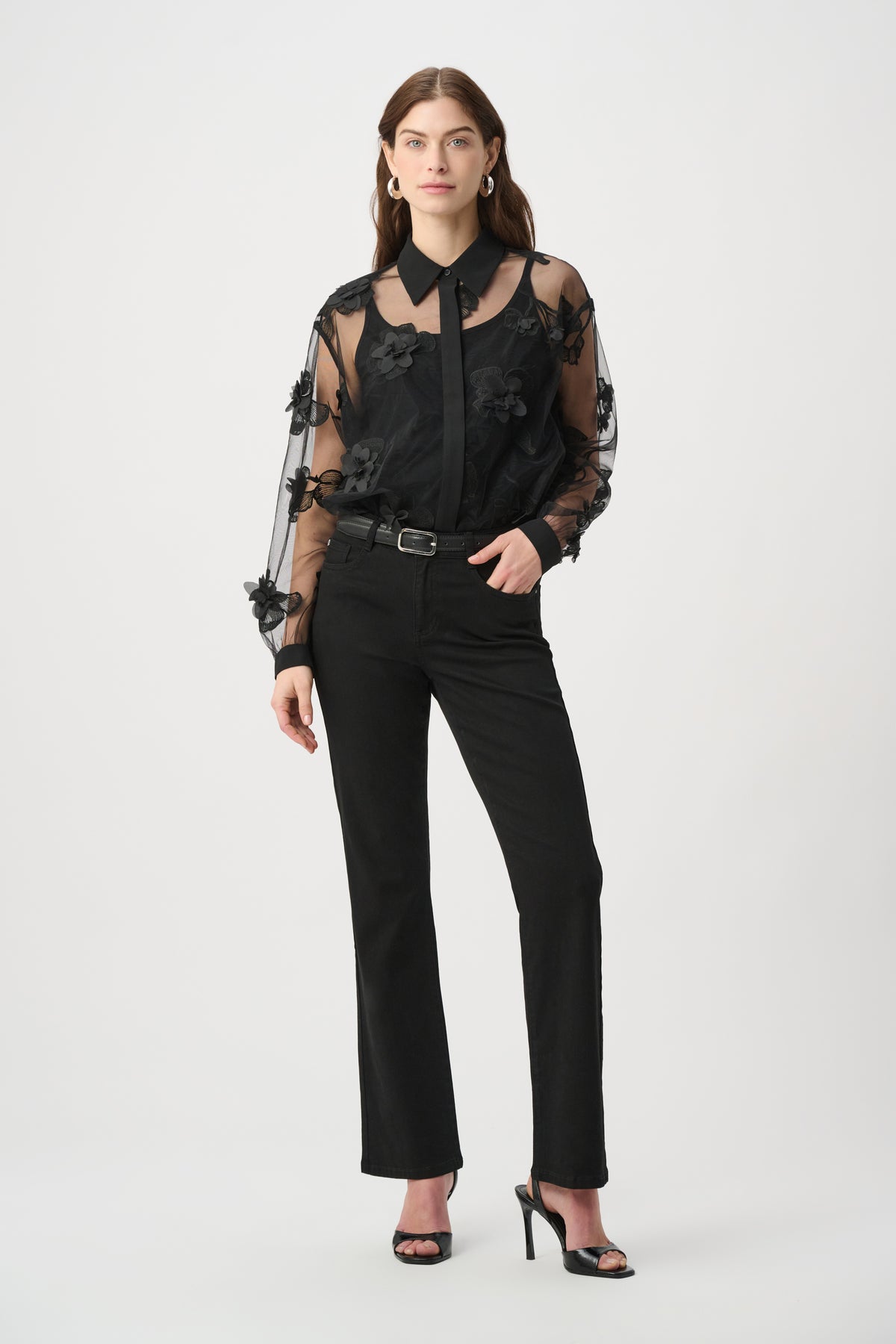 Sheer Textured Flower Appliqué Blouse (264945)