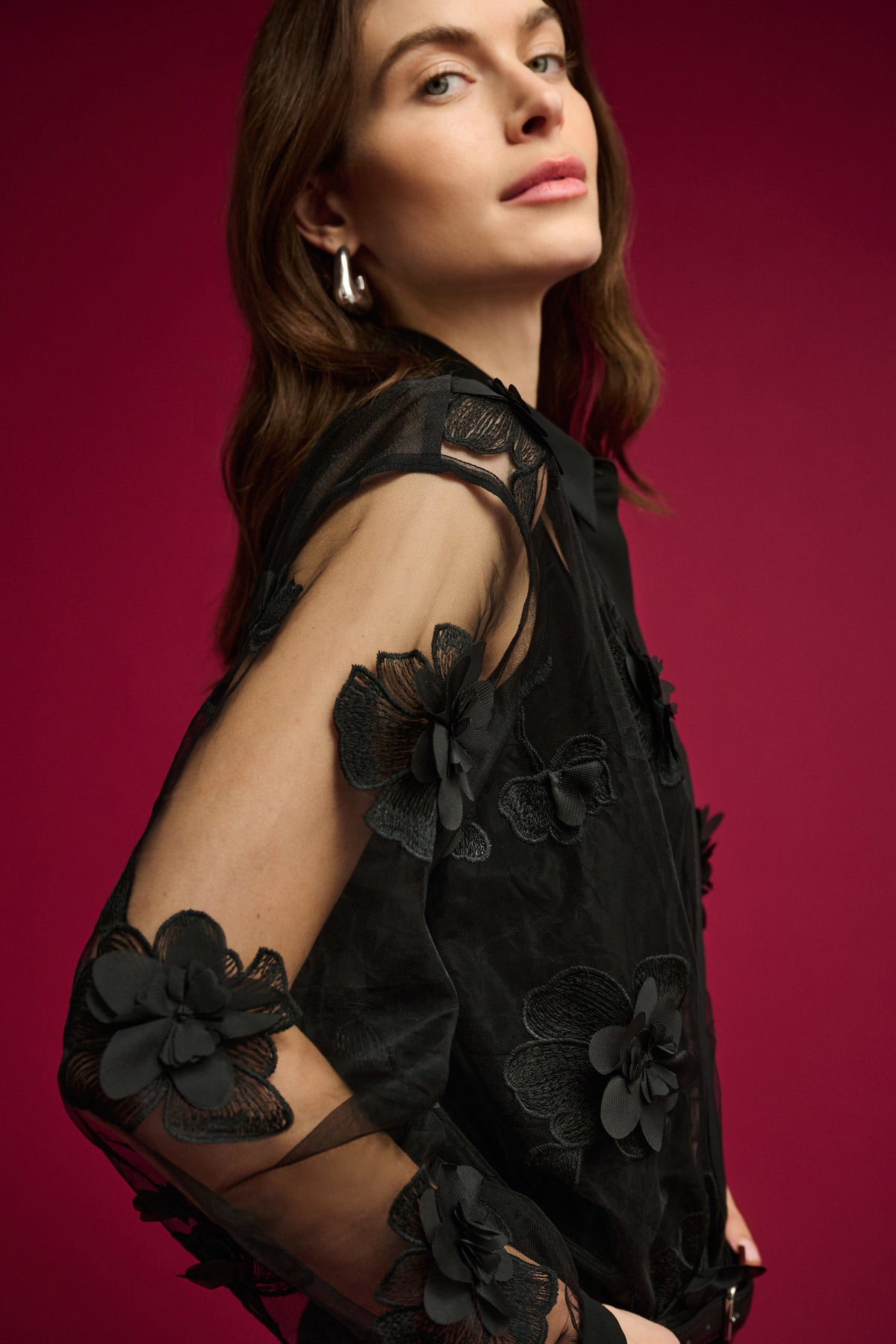 Sheer Textured Flower Appliqué Blouse (264945)