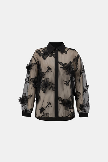 Sheer Textured Flower Appliqué Blouse (264945)