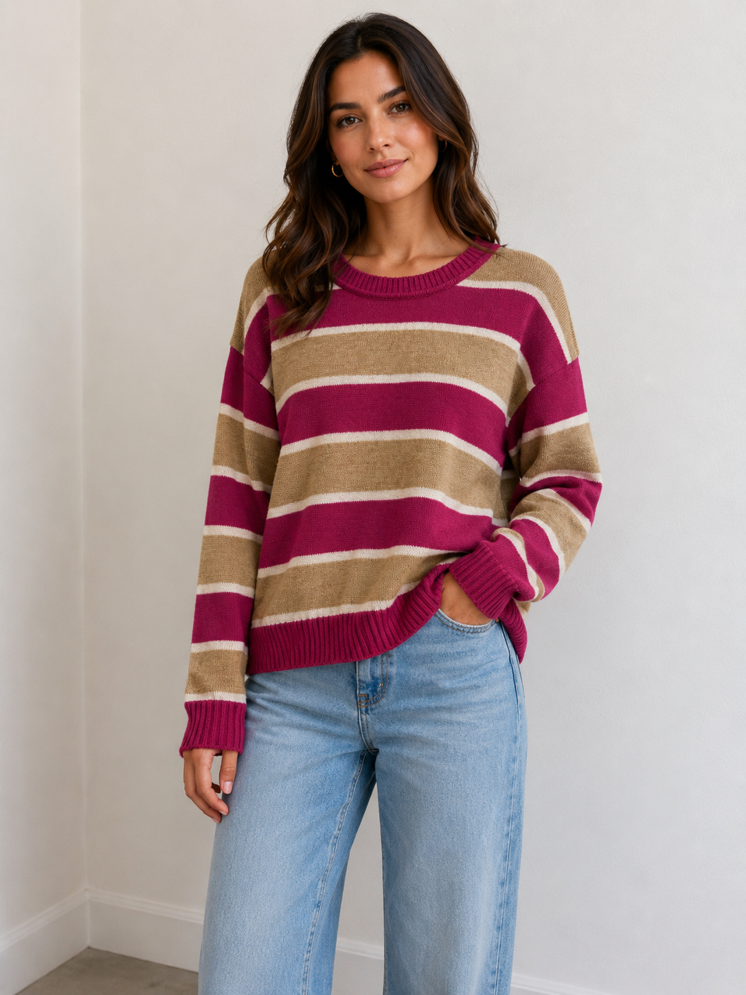 Striped Print Round Neck Sweater (125984)