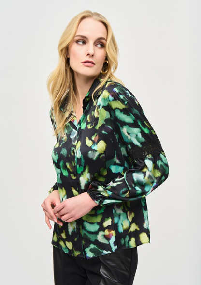 Satin Abstract Print Button-Down Blouse (243205)