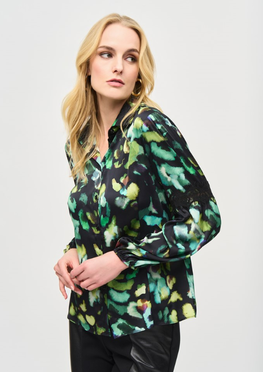 Satin Abstract Print Button-Down Blouse (243205)