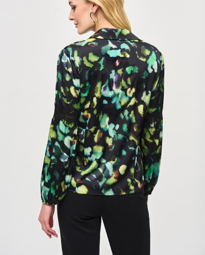 Satin Abstract Print Button-Down Blouse (243205)
