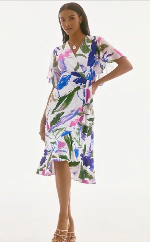 Silky Knit And Chiffon Floral Wrap Dress (251707)