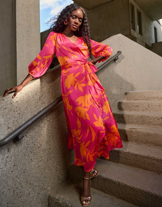 Satin Floral Print Wrap Dress (251906