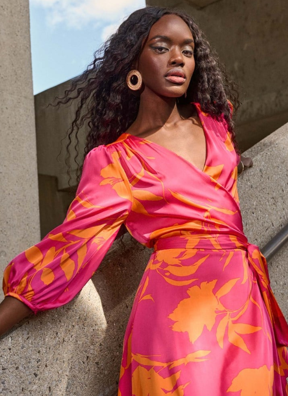 Satin Floral Print Wrap Dress (251906