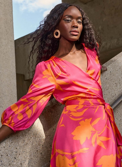 Satin Floral Print Wrap Dress (251906