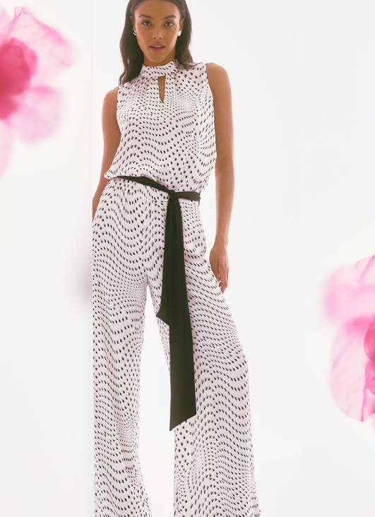 Signature | Satin Dot Print Belted Wide Leg Pants (251747)