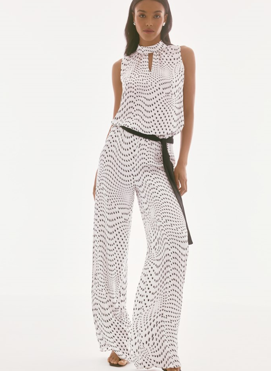 Signature | Satin Dot Print Belted Wide Leg Pants (251747)