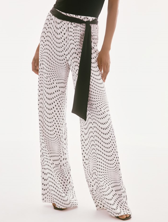 Signature | Satin Dot Print Belted Wide Leg Pants (251747)