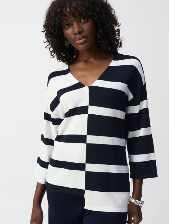 Striped Sweater Knit V-Neck Pullover (251914)