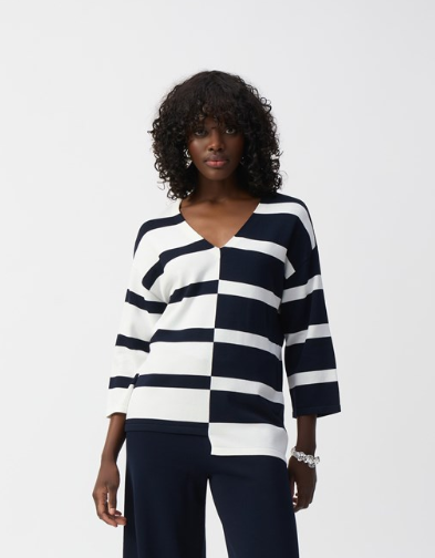 Striped Sweater Knit V-Neck Pullover (251914)