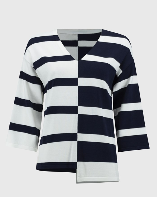 Striped Sweater Knit V-Neck Pullover (251914)