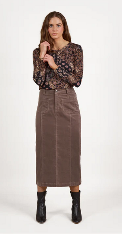 Mid Length Cord Skirt With Front Panel Seams (7064M)