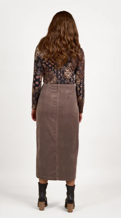 Mid Length Cord Skirt With Front Panel Seams (7064M)