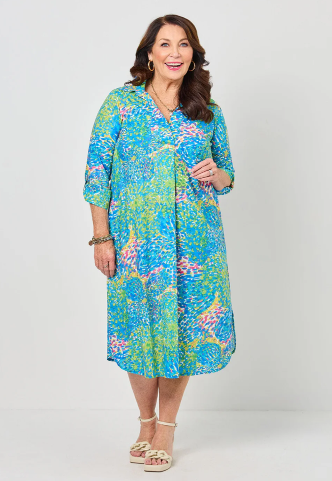 Tab Sleeve Invert Cotton Print Dress (647045)