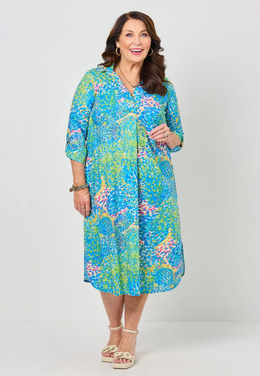 Tab Sleeve Invert Cotton Print Dress (647045)