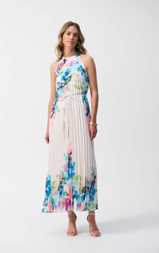 Pleated Satin Floral Print Maxi Dress (251904)