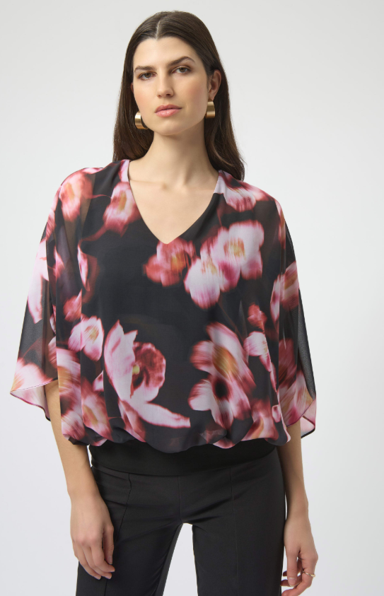 Chiffon & Silky Knit Floral Print Boxy Top (254202)
