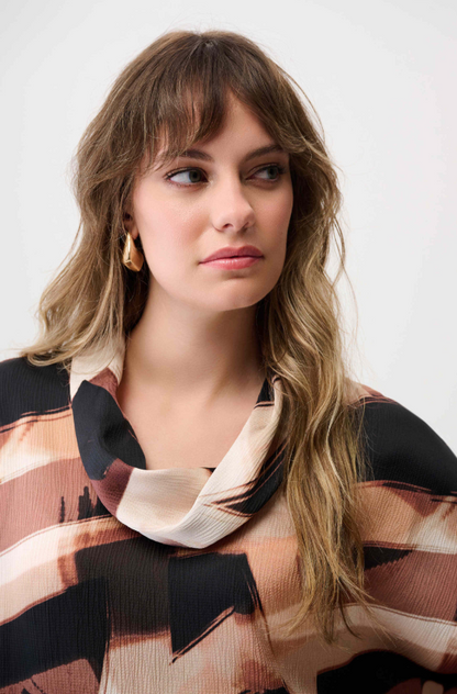 Satin Abstract Print Boxy Tunic with Cowl Collar (254216)