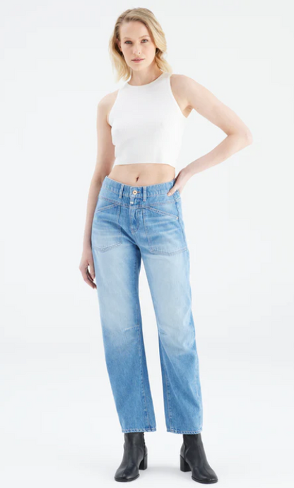 Selena Mid Waist Ankle Length Drop Crotch Patch Pocket Jeans (Selena)