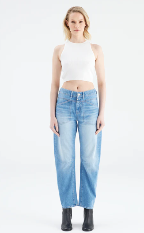 Selena Mid Waist Ankle Length Drop Crotch Patch Pocket Jeans (Selena)