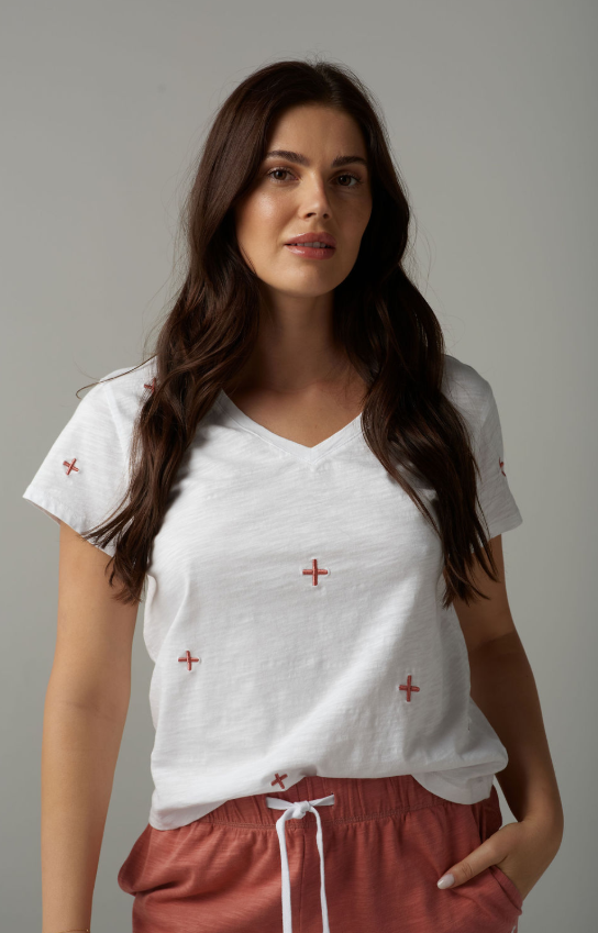 Cross Embroidered V Neck Tee (C13012-241-S25)