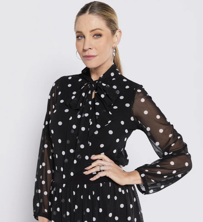 Mesh Jersey Tie Neck Top In Polkadot (Abbie.W26)