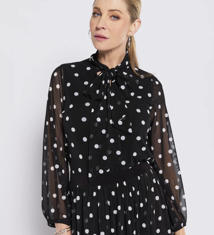 Mesh Jersey Tie Neck Top In Polkadot (Abbie.W26)
