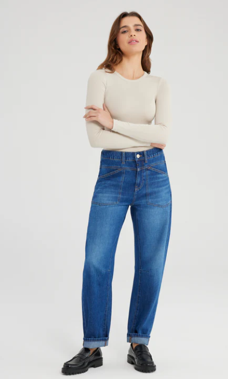 Selena Mid Waist Ankle Length Drop Crotch Patch Pocket Jeans (Selena)