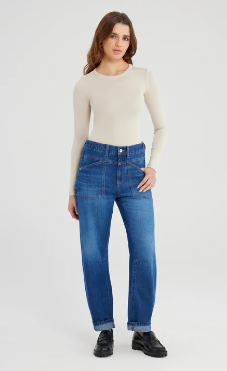 Selena Mid Waist Ankle Length Drop Crotch Patch Pocket Jeans (Selena)