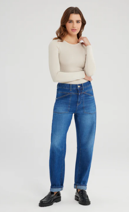 Selena Mid Waist Ankle Length Drop Crotch Patch Pocket Jeans (Selena)